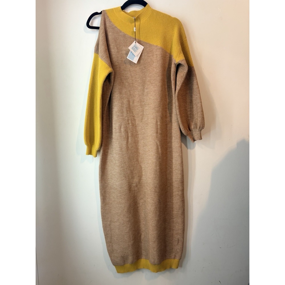 By Egreis Sweater Dress Small NWT Colorblock Mock Neck Long Cotton Yellow Tan